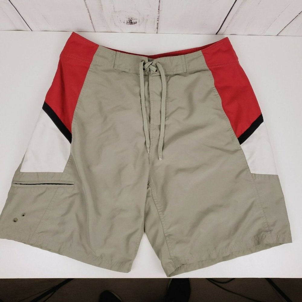 BODY GLOVE Mens Board Shorts Logo Patch Draw String Surfer Size 34 Red‎ & Tan